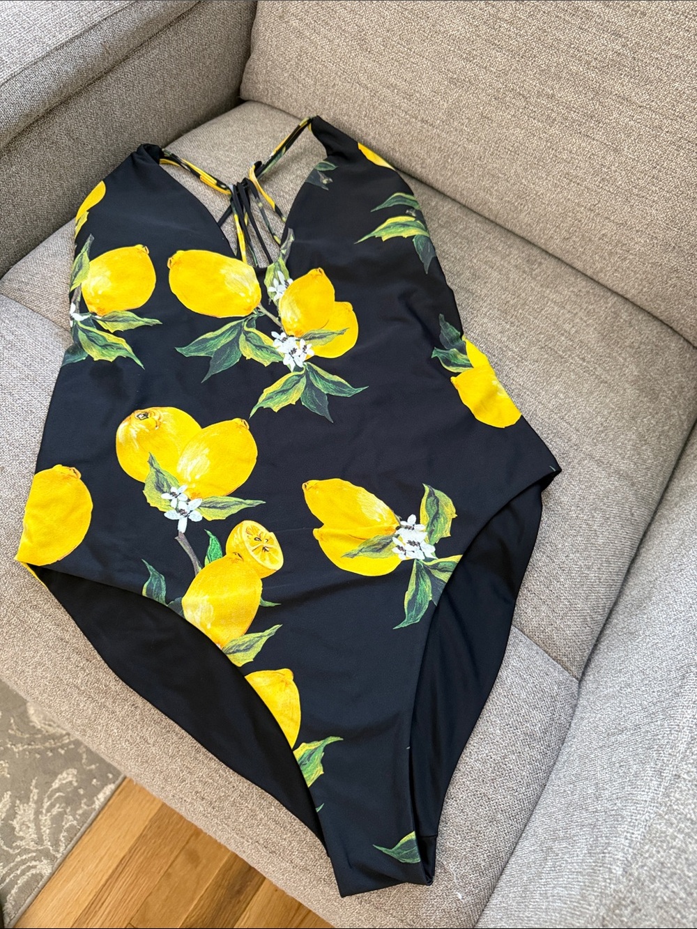 Yellow Lemon Print One-Piece Swimsuit on Black